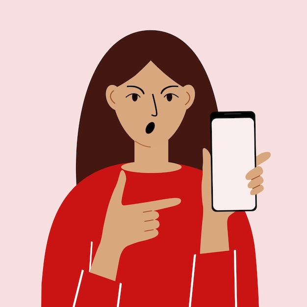 Angry woman with mobile phone, front view. Indicates the phone. News. Smartphone and internet addiction.