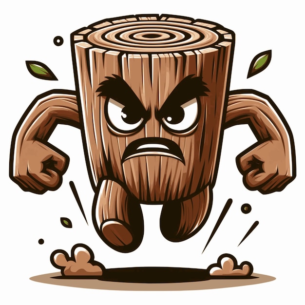 Angry wooden monster running cartoon style white background