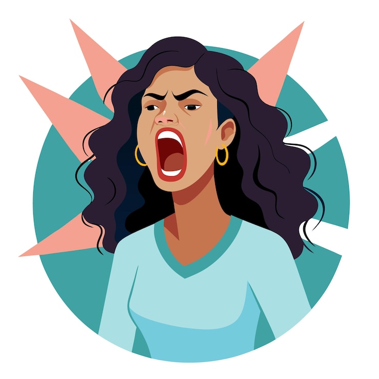 Vector angry young woman screaming and yelling no in protest against discrimination