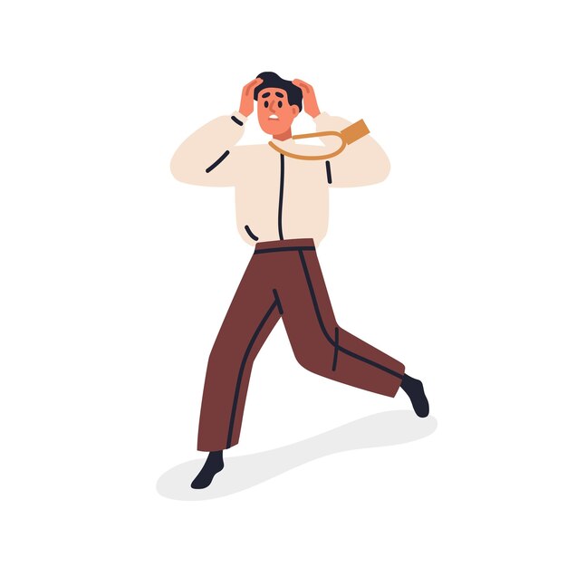 Angstige angstige werknemer loopt in paniek stress zakelijk probleem mislukking concept bang kantoorwerker grijpt hoofd in angst Platte grafische vector illustratie geïsoleerd op witte achtergrond