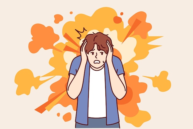 Vector angstige man wordt bang van een explosie en bedekt zijn oren met zijn handen om verdoving of hersenschudding te voorkomen