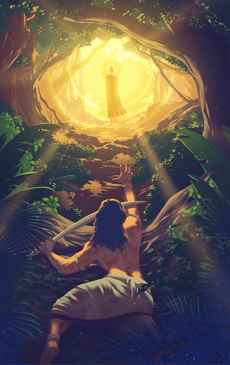 Vector angulimala has chased after the buddha until he fell tiredly and begging the buddha to stop walking