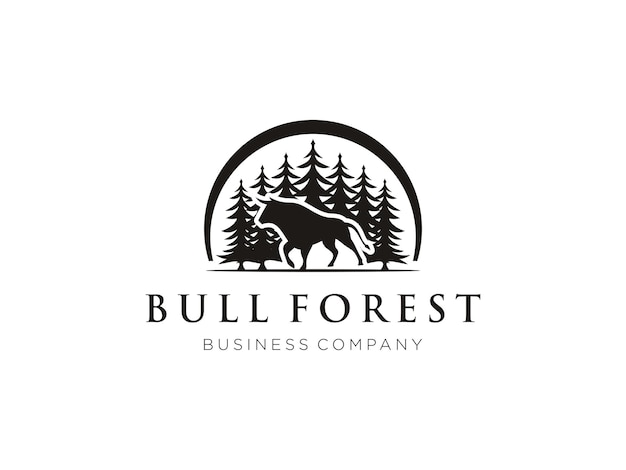 Angus Cow Cattle Buffalo Bull Silhouette bij Pine Fir Conifer Evergreen Tree Forest logo-ontwerp.