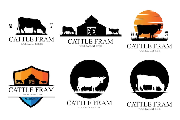 Angus Grass Cow Castle Logo Icon Vector with Shield Premium Quality