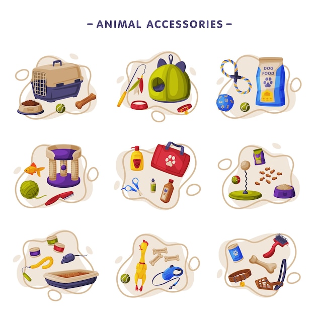 Animal Accessories Set Pet Shop Products Food Toys Veterinary Medicines Accessories for Care Cartoon Style Vector Illustration