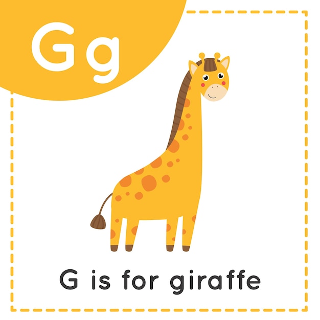 Flashcard alfabeto animale per bambini. la lettera di apprendimento g. g è per la giraffa.