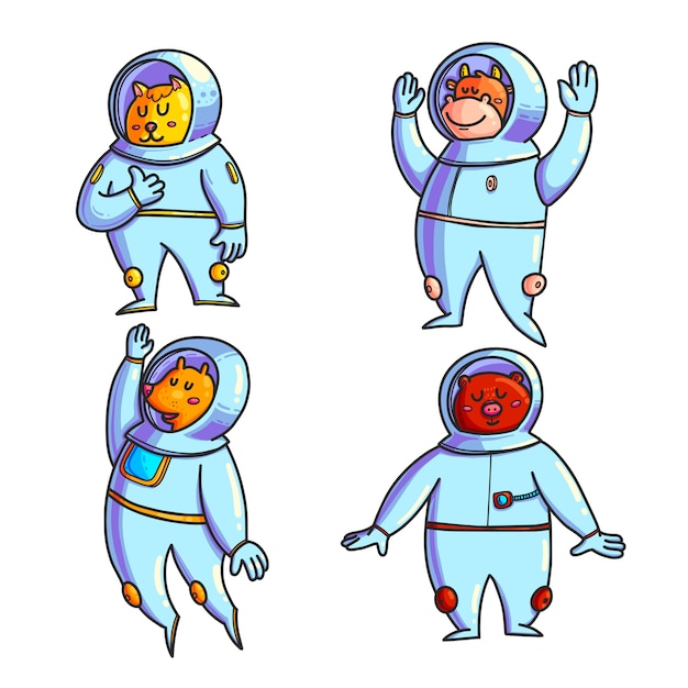 Vector animal astronauts hand drawn color characters set