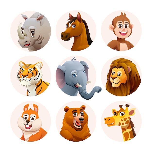 Animal avatar characters set Cute animal faces in cartoon style