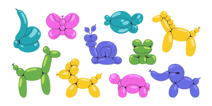 Vector animal balloon sculptures set turtle frog fish butterfly poodle elephant swan horse figures