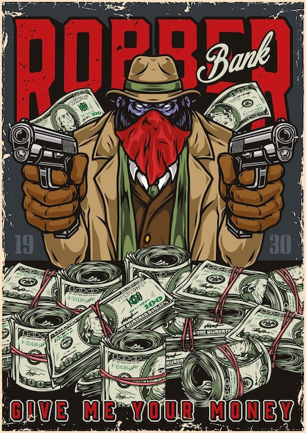 Vector animal bank robber vintage poster