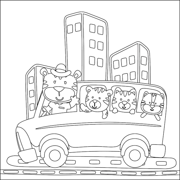 Vector animal on the bus coloring for child coloring book or page