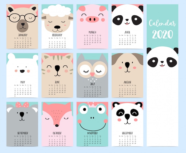 Vector animal calendar 2020 with woodland for children.