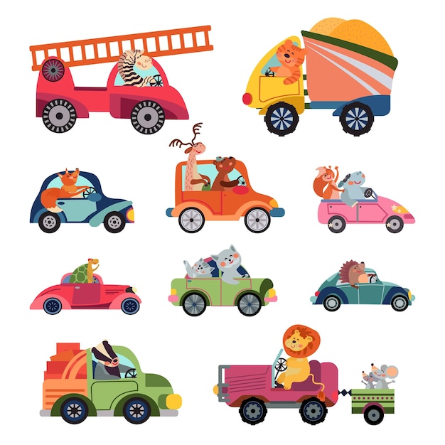 Autisti di auto animali. veicolo per bambini dei cartoni animati, gruppo di trasporto di animali divertenti. simpatici corridori, leone rettili isolati che guidano personaggi vettoriali. autista di automobile del fumetto dell'illustrazione, guida del camion della macchina