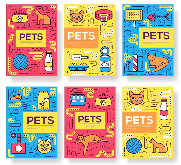 Animal cards thin line set illustration