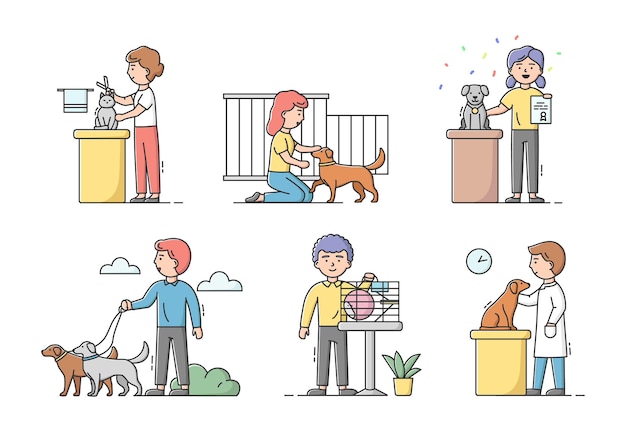 Animal care concept. male and female characters take care and look after domestic animals. people walk, groom, visit exhibitions, treat dogs and cats.