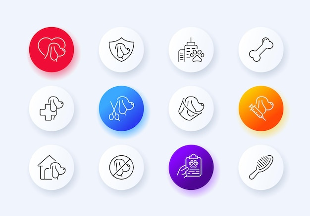 동물 관리 세트 아이콘 방패 보호 발 병원 발 크로스 부스는 동물 목 콘 빗 가위 손질 처방 수의학 개념 Neomorphism 스타일과 함께 입장하지 마십시오