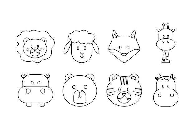 Animal cartoon faces by hand drawn style for coloring Vector animal cartoon character illustration