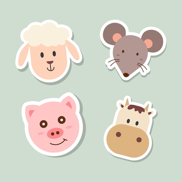 Animal cartoon faces vector stickers icons set Set of 4 animal sheep rat pig and cow