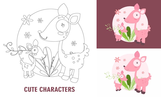 귀여운 사슴을 위한 동물 캐릭터 컬러링북