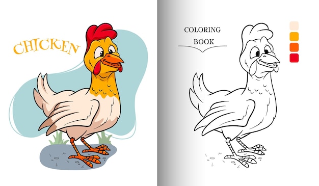 Pollo divertente del carattere animale nella pagina del libro da colorare di stile del fumetto.