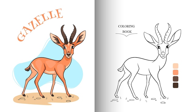 Animal character funny gazelle in cartoon style coloring page.