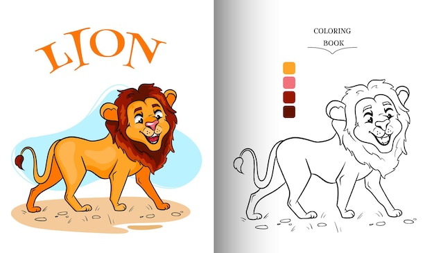 Animal character funny lion in cartoon style coloring page.