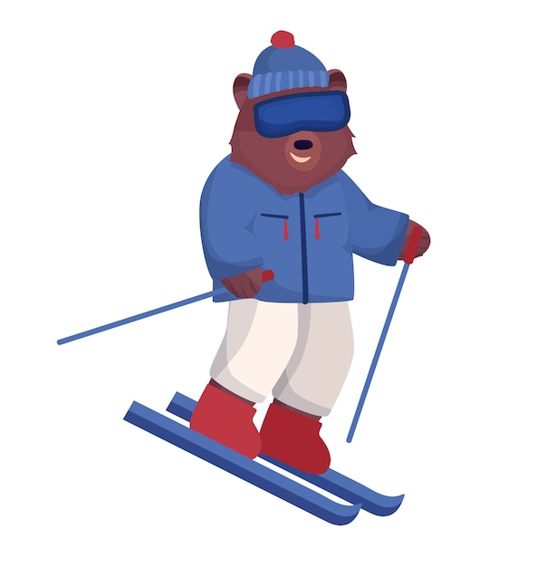 The animal character is brown, a bear in a ski suit and glasses is skiing, a winter form of outdoor activities.