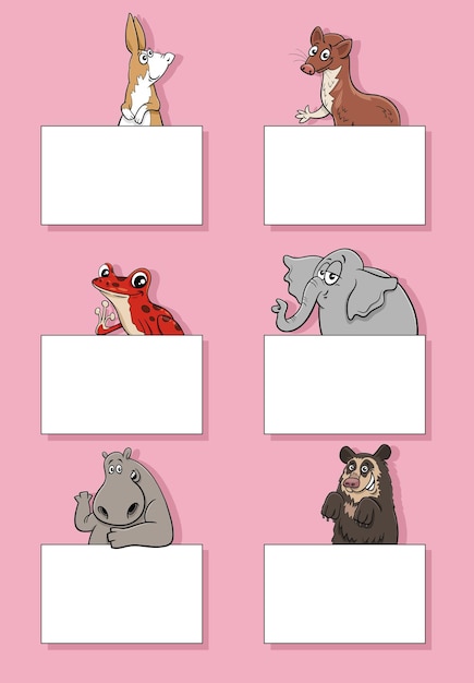 カードやバナーのデザイン セットを持つ動物のキャラクター