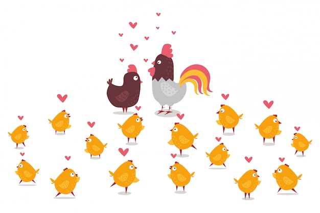 Pollo animale, gallo e piccoli pulcini gialli, illustrazione della raccolta dell'azienda agricola. allevamento di pollame, animale con becco