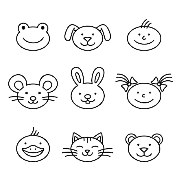 Facce di animali e bambini stile doodle personaggi disegnati a mano set di mazzi di animali