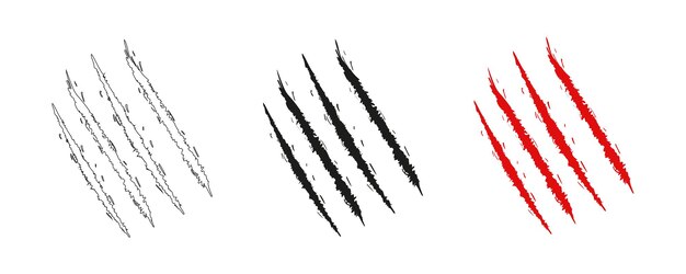 Vector animal claw scratches and marks set black and red bloody silhouettes and outline icon flat vector isolated on white background scratches from a cat tiger lion dog jaguar bear puma leopard