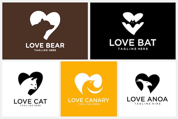 Combinazione animale cuore logo collezione amore bearlove batlove gatto amore canarino