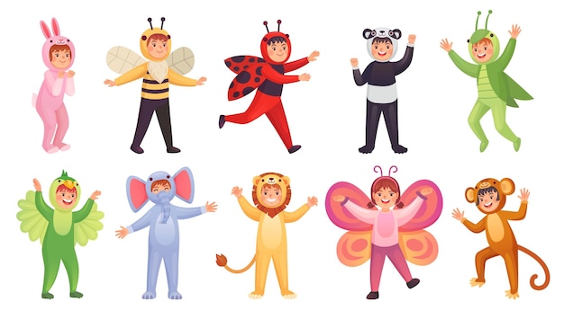Косплей животных Детский маскарад животных персонажей карнавальный костюм дети одеваются вечеринка дети в милых костюмах маскируют талисман в действии позируют гениальную векторную иллюстрацию