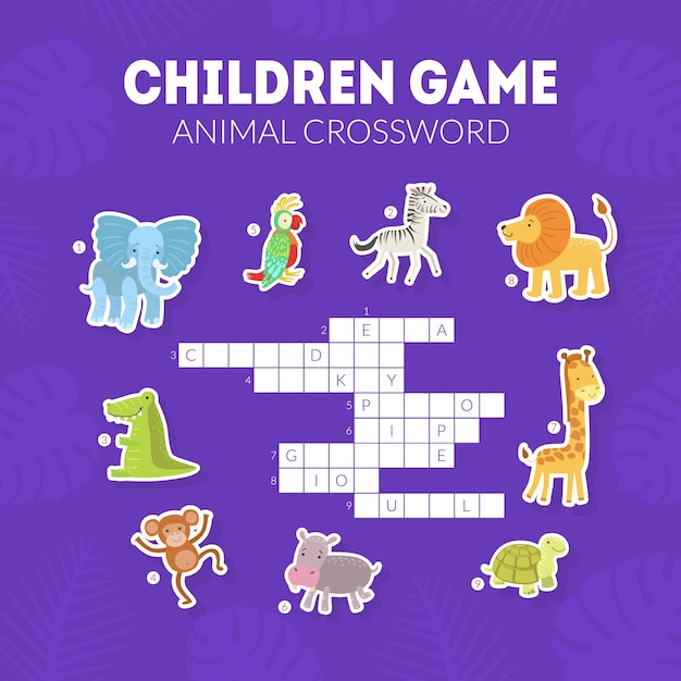 Vector animal crossword childrens educational game with exotic african animals vector illustration