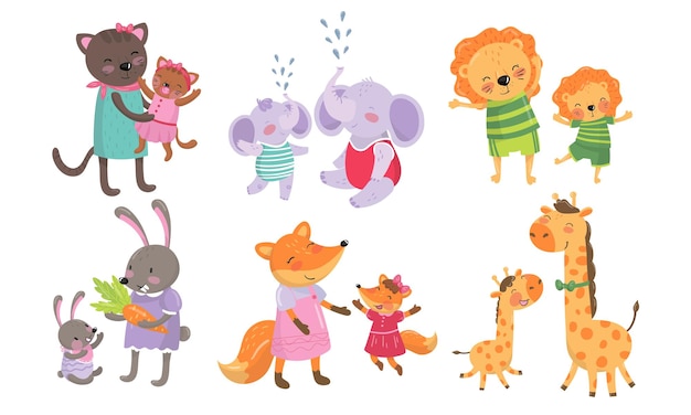 Vector animal cubs and their parents childish vector illustrations happy zoo childhood concept