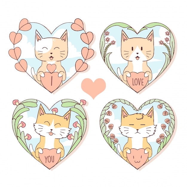 ANIMAL CUTE CAT AND FOX IN LOVE HEART