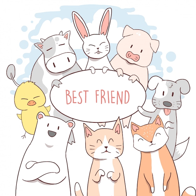 Vector animal cute cat, puppy, polar, cow, rabbit, fox, pig, duck