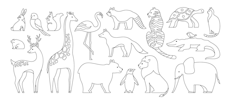 Vector animal cute doodle linear set mammals characters design child simple cartoon design collection