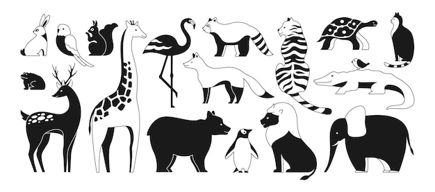 Животные милый монохромный линейный набор персонажей млекопитающих наброски дизайна детская простая коллекция дизайна