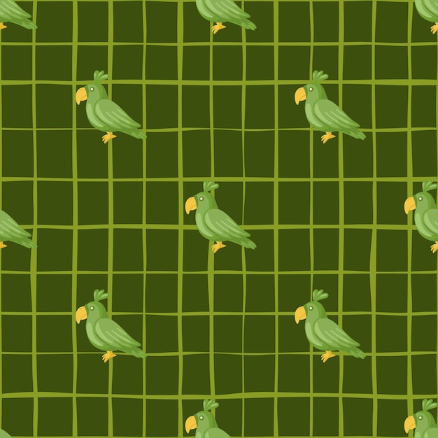 낙서 앵무새 요소와 동물 장식 완벽 한 패턴입니다. 녹색 체크 무늬 배경입니다. 패브릭 디자인, 섬유 인쇄, 포장, 커버용으로 설계되었습니다. 벡터 일러스트 레이 션.
