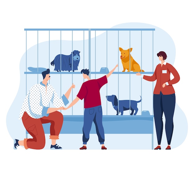 Animal dog shelter, illustration. woman man people character\
and cartoon pet, homeless puppy in cage look at family. father, son\
care about stray dog, happy rescue help and adopt design.