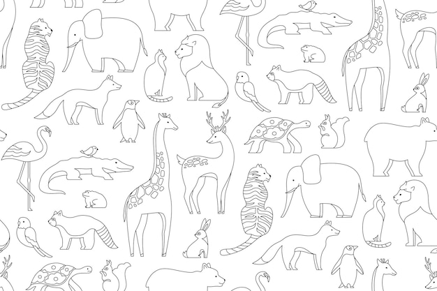 Animal doodle linear seamless pattern endless print mammals characters repeat wallpaper background