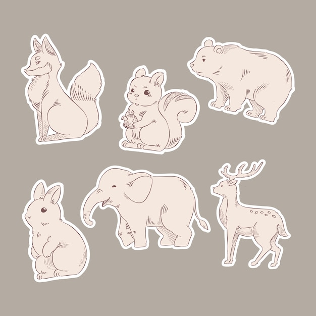 Animal drawing linear flat sticker set