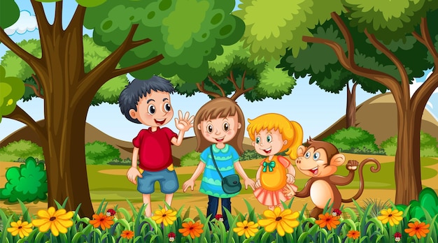 animal in the enchanted garden background or forest scene with various forest trees