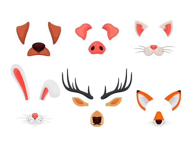 Animal faces set with ears and noses isolated on white background. video chat effects and selfie filters. funny masks of dog, pig, cat, rabbit, deer and fox - illustration