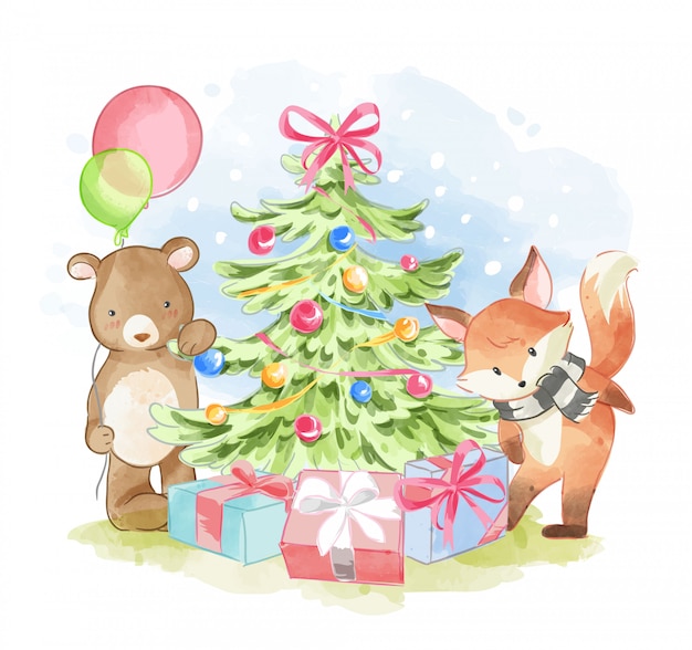 animal friends with christmas tree illustration