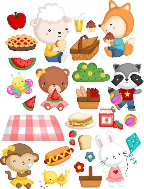 Animal gathering together in a picnic theme