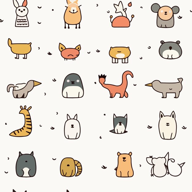 Animal handdrawn doodle seamless pattern