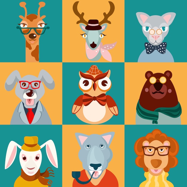 Vector animal hipsters icons flat