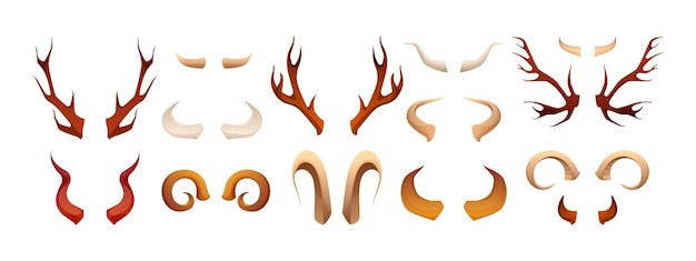 Animal horns Cartoon bones hunter trophy pairs of ram cow deer moose antlers flat style wildlife decoration concept Vector isolated set